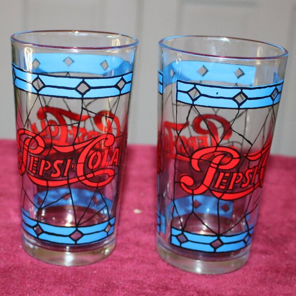 Vintage Pepsi Tumblers 1970s Pepsi Cola 10 Ounce Stained Glass -Set of 2 - Picture 1 of 4